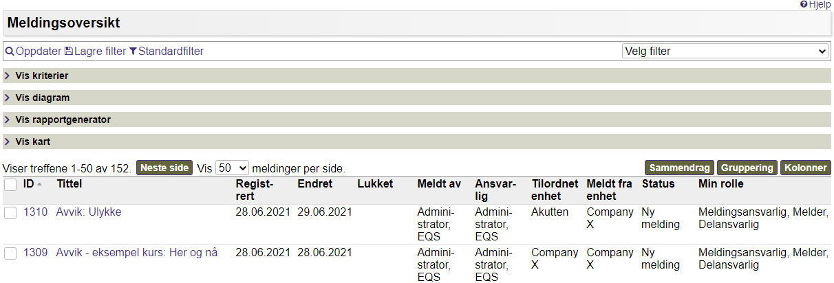 Eksempel på meldingsoversikt i EQS