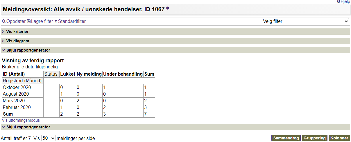 Eksempel på rapportgenerator i meldingsoversikt